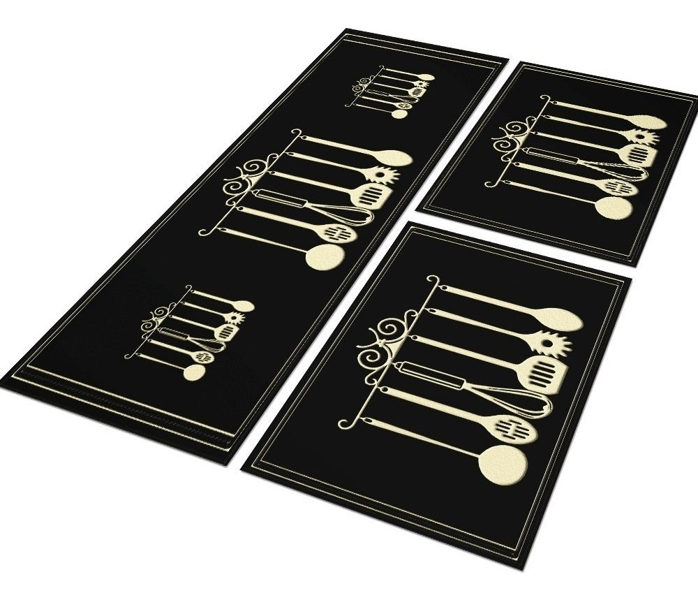 Tapete De Cozinha Kitchen Itens 3 Peças Antiderrapante Comprimento 120 cm Cor Preto Largura 34 cm